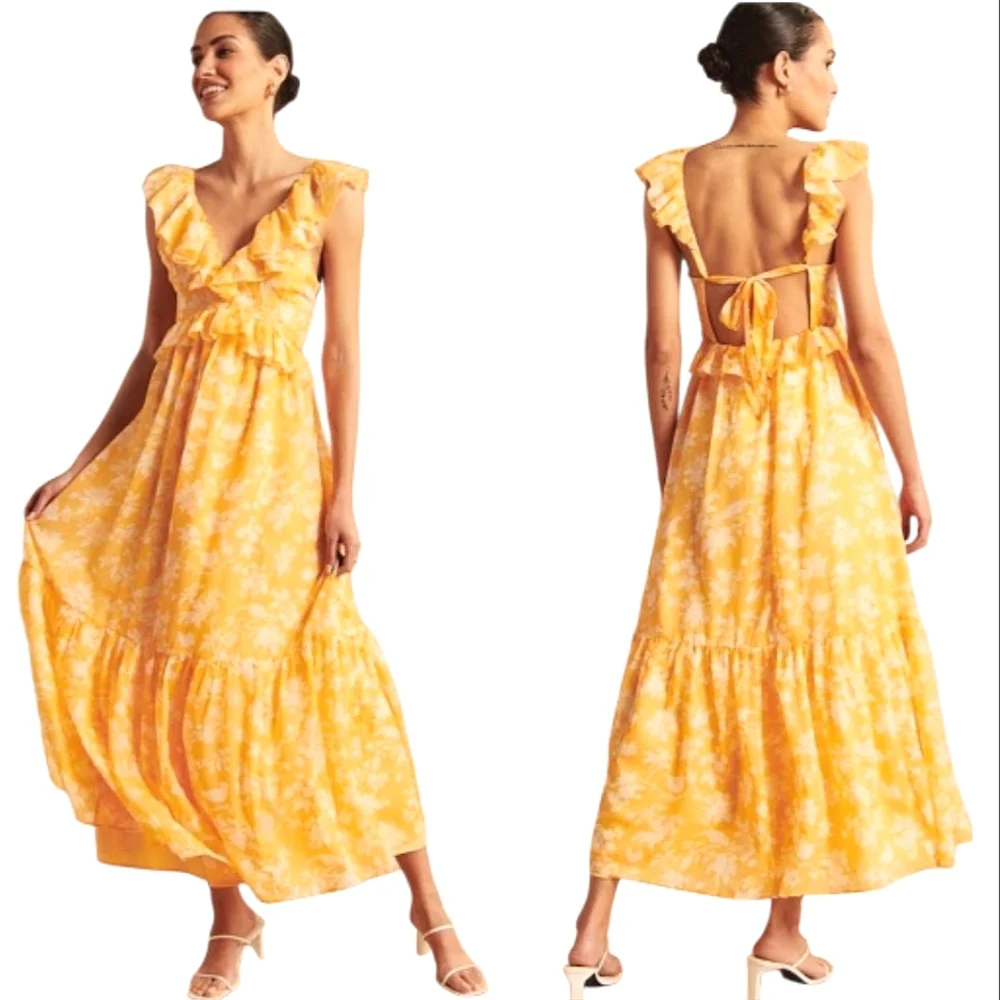Nwot Abercrombie & Fitch Orange/White Floral Ruffle Bodice Tie Back Maxidress